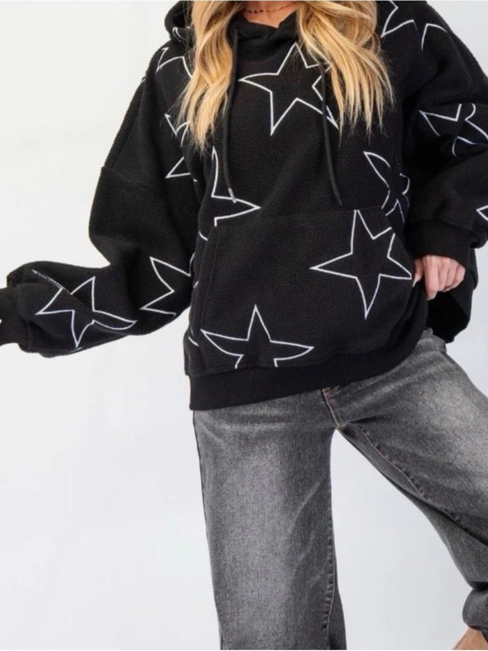 Easel Black Star-Print Fleece Hoodie Sweatshirt Oversized NWOT